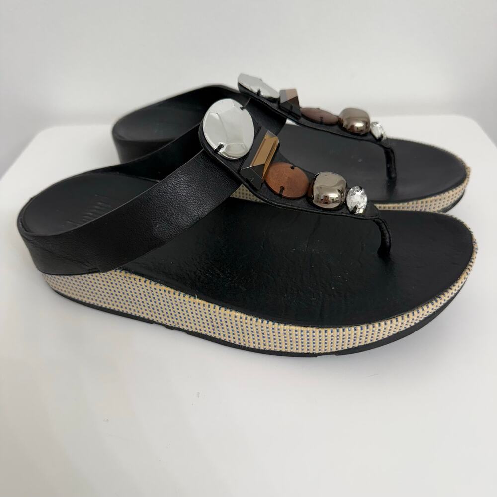 FitFlop Jeweley Toe Post Beaded Platform Flip Flop Black Sz 7 Casual Resort Boho